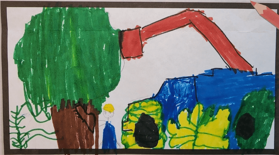 “My Grandpa cutting down a tree. It’s important because there are powerlines and the power is going out.” Age 5-6 Winner